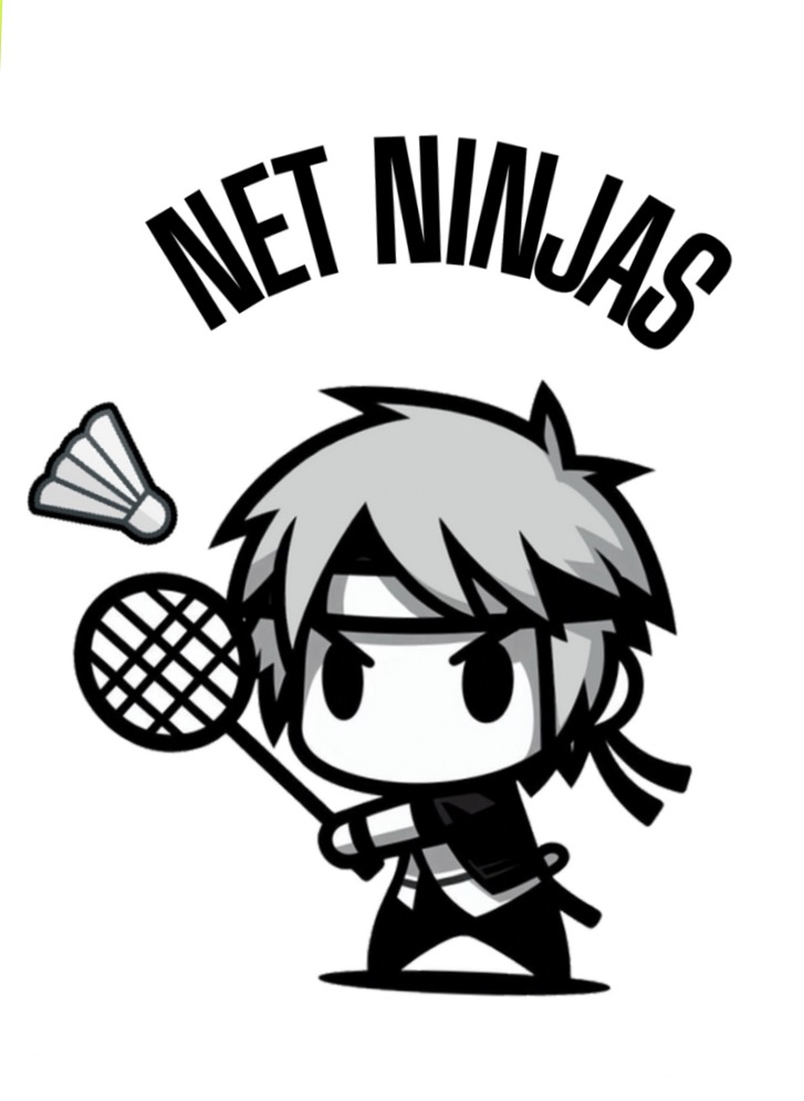 Net Ninjas club logo: a ninja holding a badminton racket beside a shuttlecock